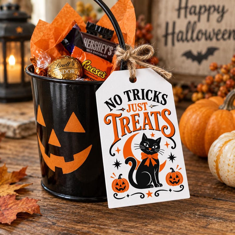Black Cat No Tricks Just Treats printable Halloween gift tag