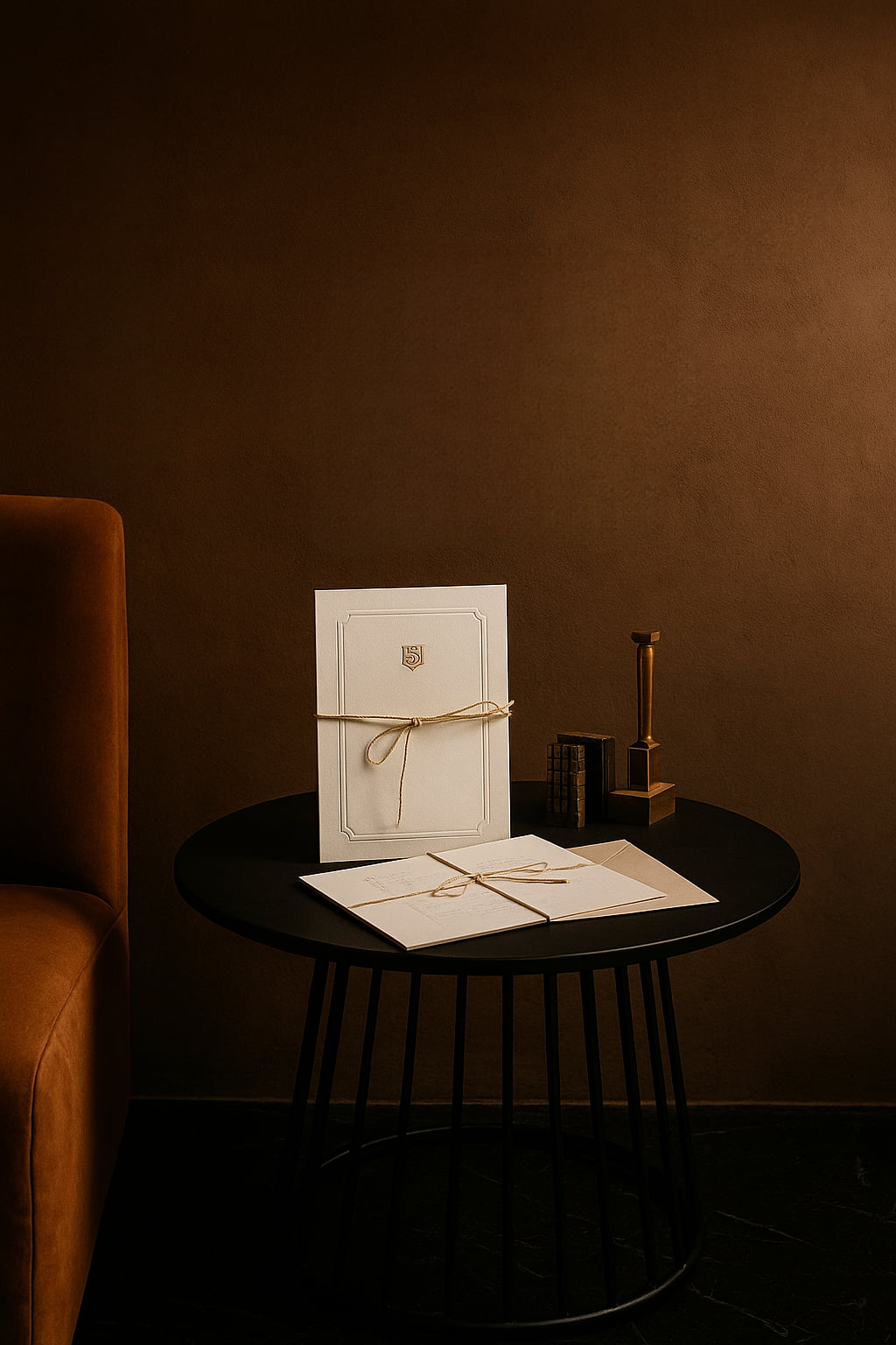 Cream stationery tied with twine on a black table against a warm terracotta wall